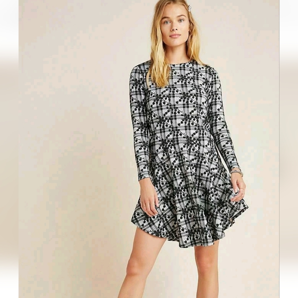 Anthropologie Hutch Jeanie Black And White Plaid And Floral Print Dress